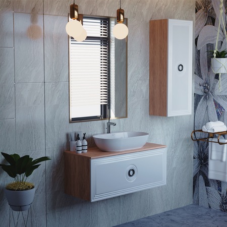 Set baza mobilier baie suspendat Sanitop Branco 100 x 37 x 46 cm cu blat si lavoar ceramic, Alb lucios/Lemn