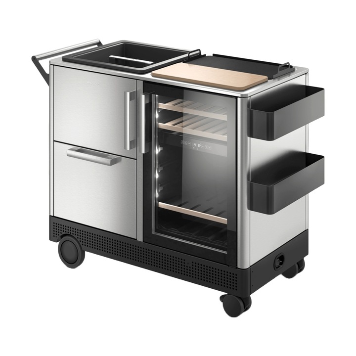 Bar mobil cu racitor de vin incorporat Dometic, MB 550S, 39 sticle, compresor, ideal terasa, 2 zone de racire, sertar si rafturi pentru depozitare, frapiera integrata, tava si tocator din lemn incluse, inox