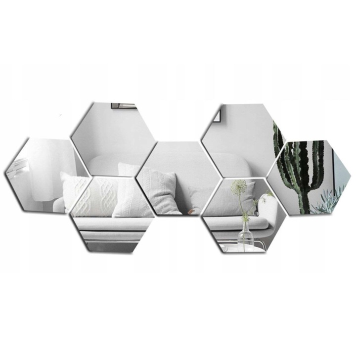 Set oglinda decorativa din 8 bucati hexagonale, autoadeziva, design Modern