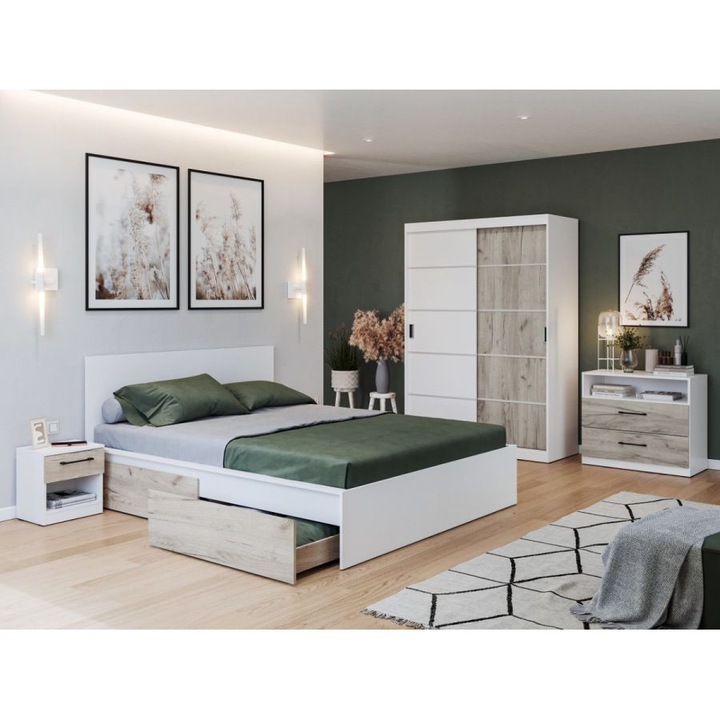 Set Dormitor Forest, c/01, Pat netapitat, 160x200, Dulap 138cm, Comoda, Noptiere, Culoare Alb/Stejar k02