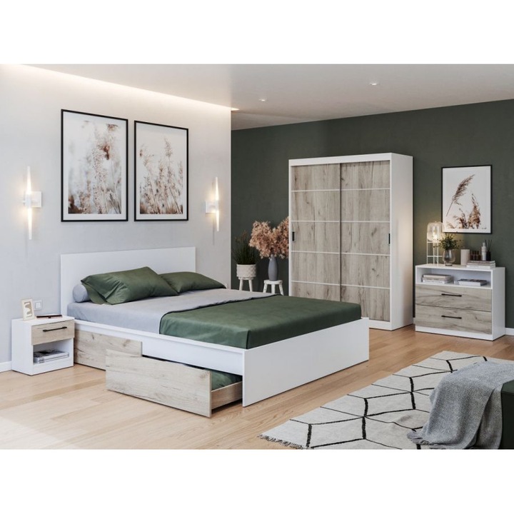 Set Dormitor Forest, c/02, Pat netapitat, 160x200, Dulap 138cm, Comoda, Noptiere, Culoare Alb/Stejar k02
