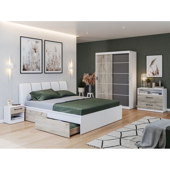 Set Dormitor Forest, c/07, Pat Tapitat, 160x200, Dulap 138cm, Comoda, Noptiere, Culoare Alb/Stejar/Griantracit