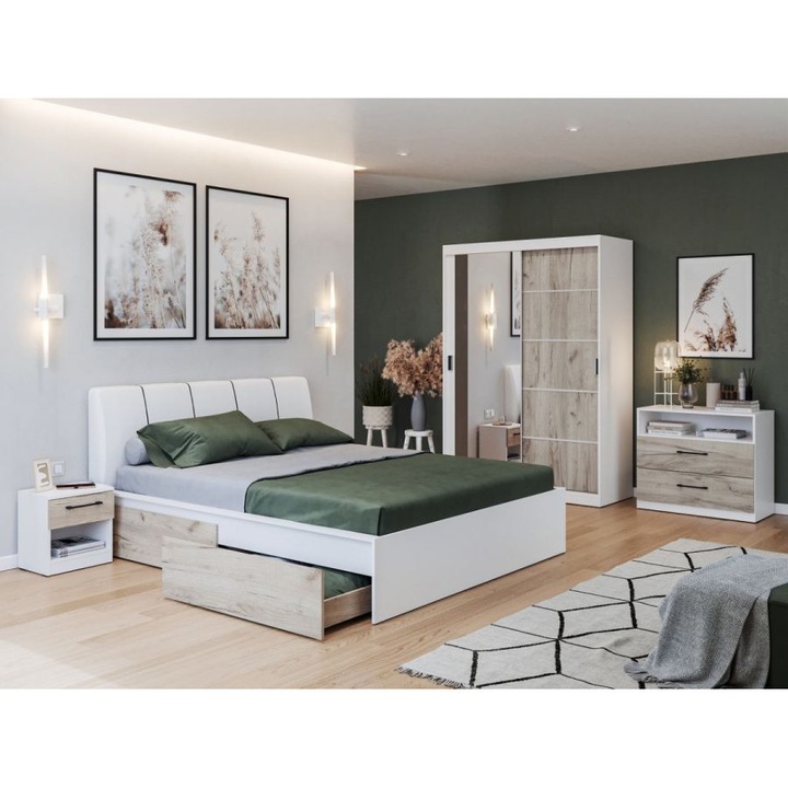 Set Dormitor Forest, c/08, Pat Tapitat, 160x200, Dulap 138cm cu Oglinda, Comoda, Noptiere, Culoare Alb/Stejar k02