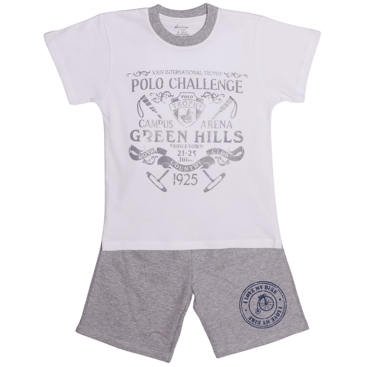 Costum vara baieti Kara baby, alb cu gri melange