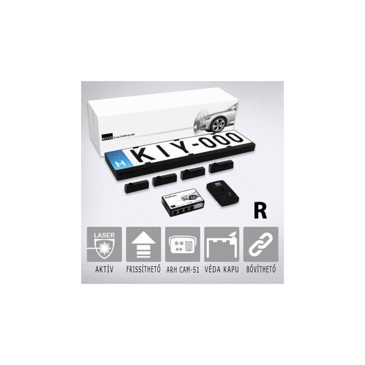 KIYO ULTIMATE AP 4R GPS komplett traffipaxvédelmi rendszer: Lézerblokkoló 4db rendszámkertbe építhető lézerszenzorral, GPS adatbázissal, dupla kerettel