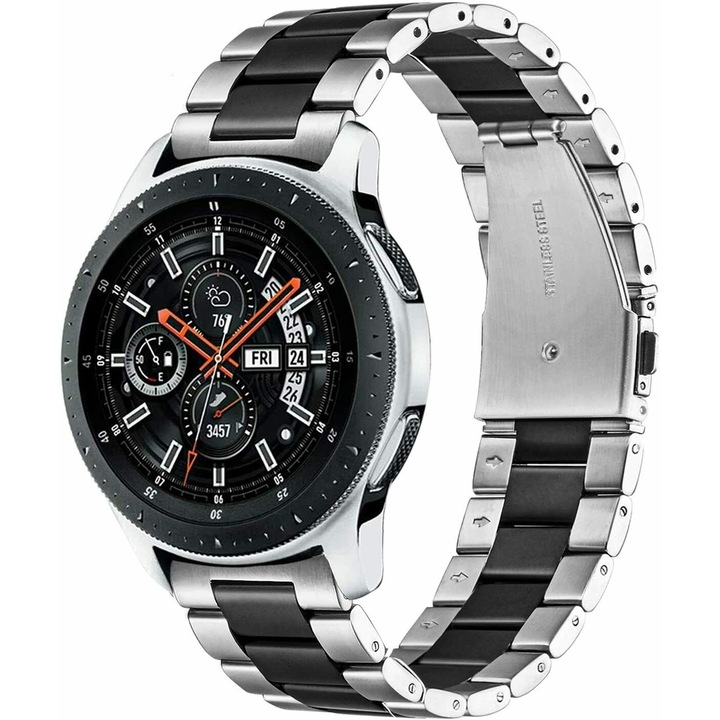 SvodMedia Fém szíj, 22 mm, kompatibilis Samsung Galaxy Watch/Gear S3, ezüst/fekete