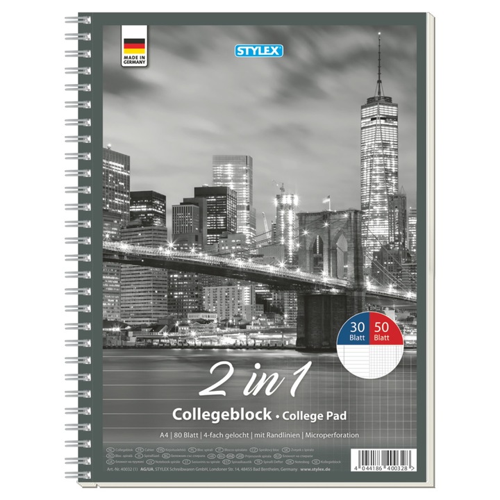 Caiet A4 Stylex Duo cu 30 coli dictando si 50 coli matematica, 4 perforatii