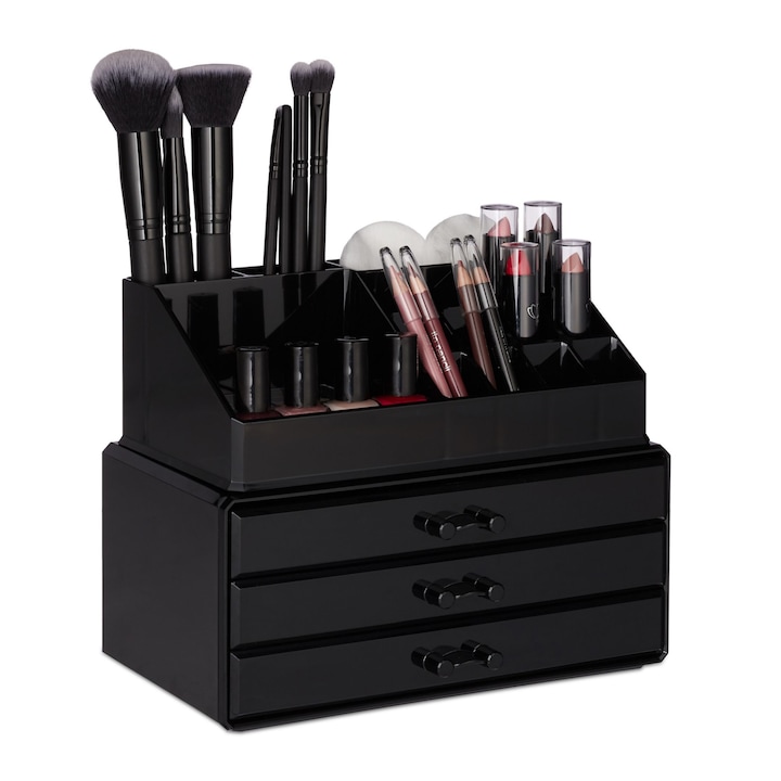Organizator pentru produse cosmetice, 19 compartimente, 3 sertare, acrilic, negru, 19 x 23 x 14 cm