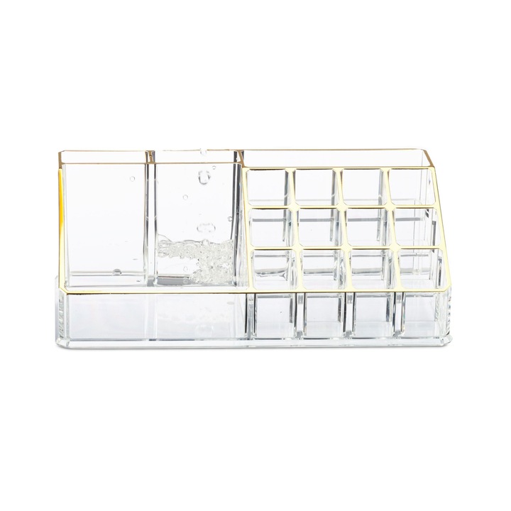 Organizator cosmetice si accesorii, 16 compartimente, multifunctional, acrilic transparent/auriu, 22 x 12,5 x 8 cm