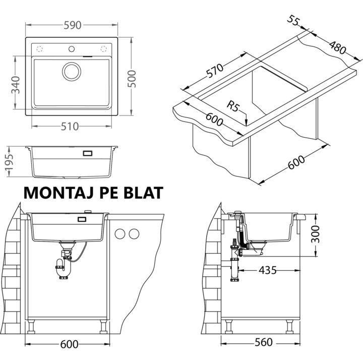 Chiuveta Alveus Atrox 30 negru, material compozit, sifon pop-up inclus, 590x500x200mm