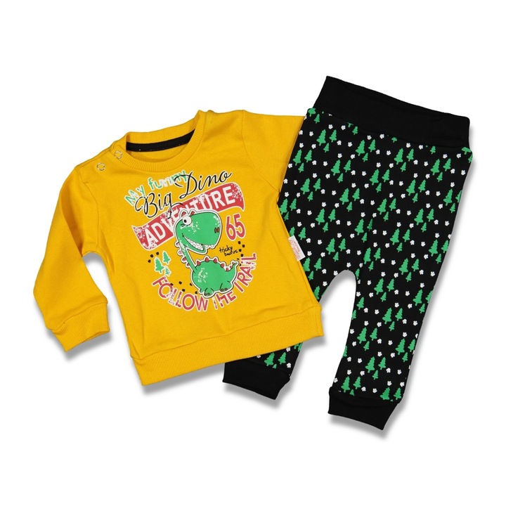 Set compleu copii Big Dino, Motat, 2 piese, bumbac, galben-negru, 9-12 luni