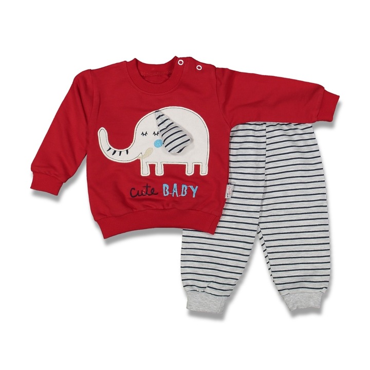 Set compleu copii Elefant, Motat, 2 piese, 100% bumbac, Rosu