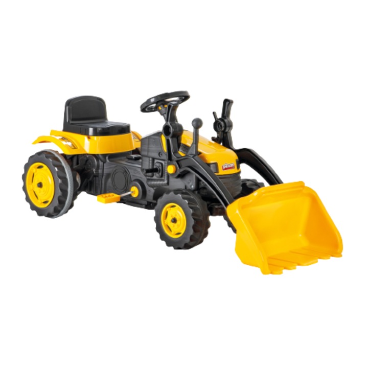 Excavator cu pedale DacEnergy©, realizatat din material din plastic, scaun reglabil, cu spatar si claxon, negru si galben, 51x125x51 cm