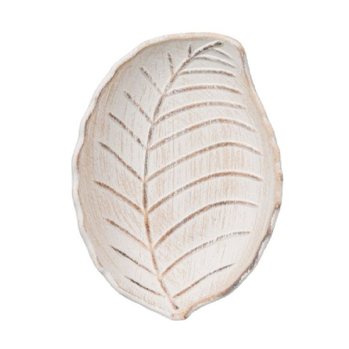 Platou decorativ in forma de frunza, lemn, bej, 24,5x18x4 cm