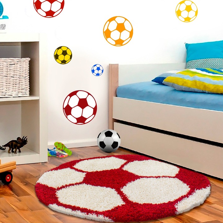 Futball kerek szőnyeg gyerekeknek, Caterpillar, polipropilén, átmérő 120 cm, fehér/piros