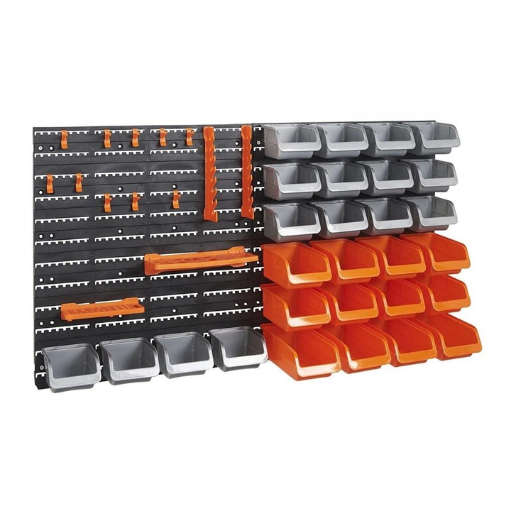 Panou de perete pentru depozitare VonHaus 3515242, 28 sertare depozitare de diferite marimi, spatiu depozitare unelte, din plastic, culoare negru, portocaliu
