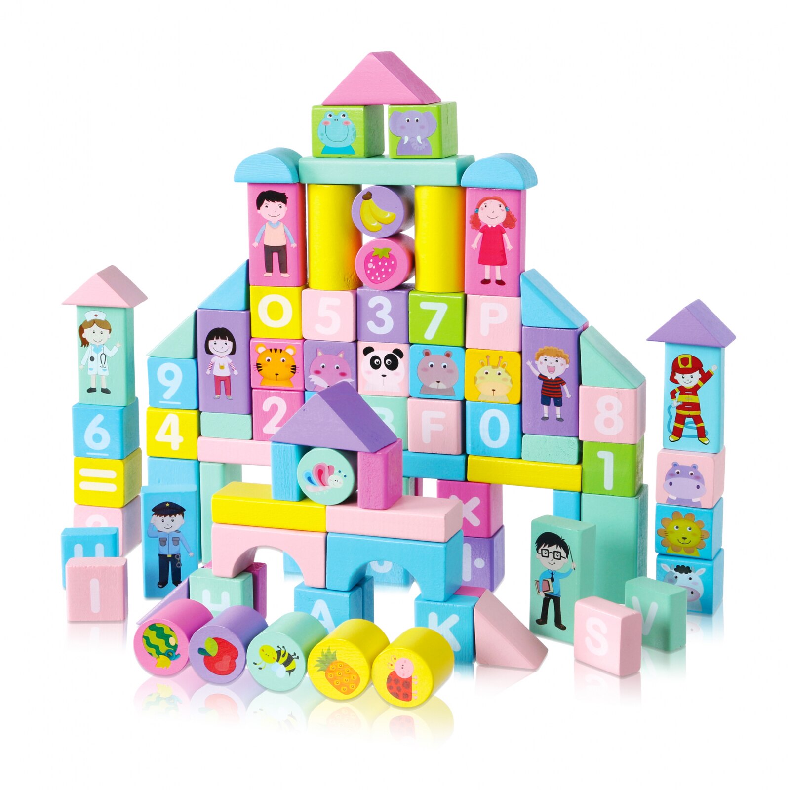 Set cuburi educative din lemn 100 piese, Ilustratii Litere, Numere ...