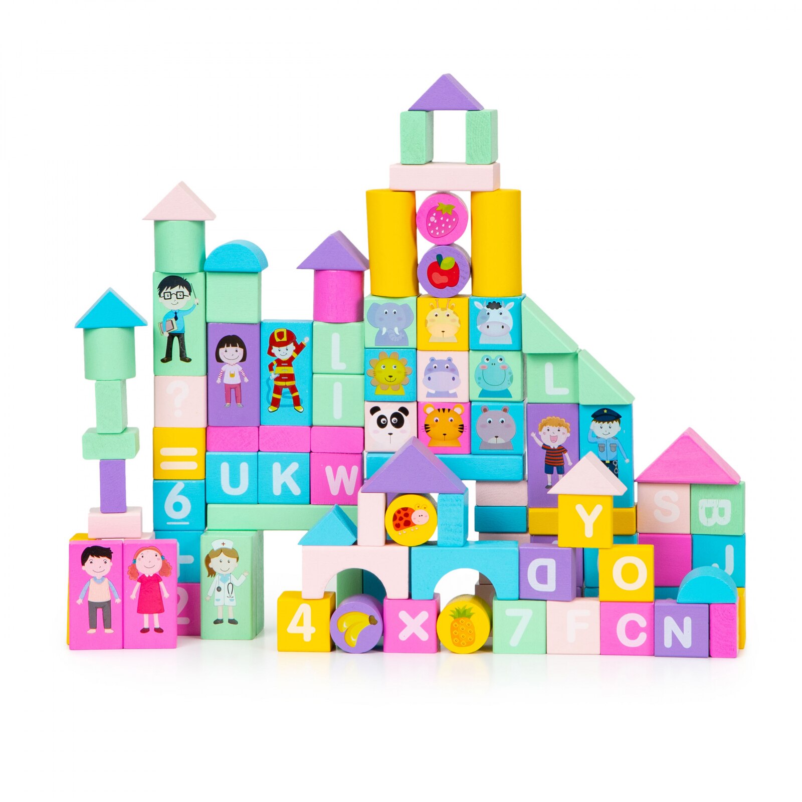 Set cuburi educative din lemn 100 piese, Ilustratii Litere, Numere ...