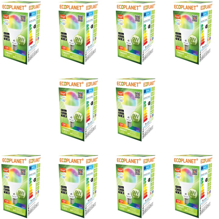 Комплект Smart LED крушки Ecoplanet, ECO-0205X10SMART, A60 9W (75W), 810 LM - Pipe, Google Assistant + Alexa, Wi-Fi, RGB + CW + DIM, E27, F, 10 бр