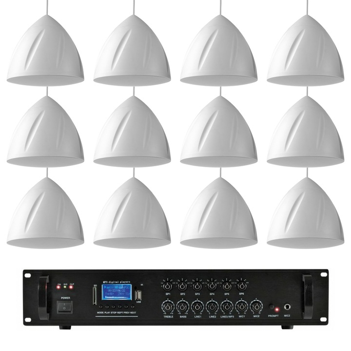 Озвучителна система с 12 бели окачени колони, bluetooth, USB, FM