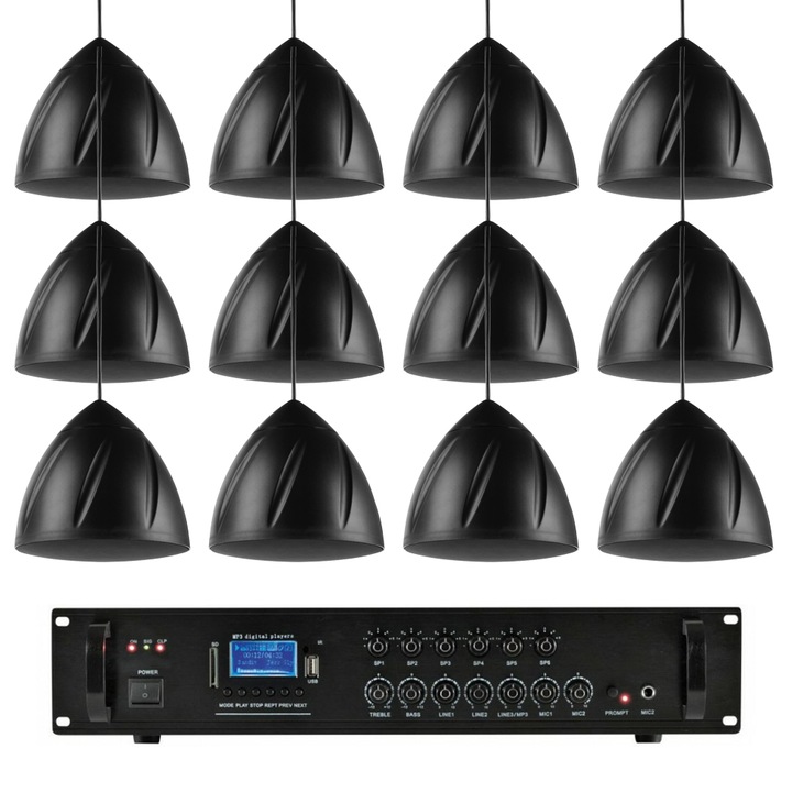 Аудио система с 12 черни окачени колони, bluetooth, USB, FM
