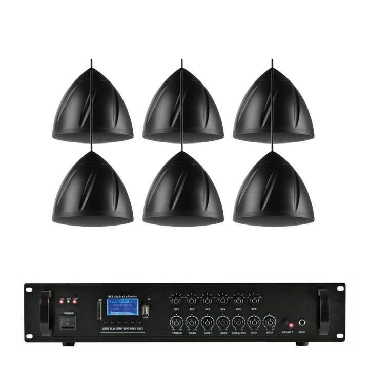Аудио система с 6 черни окачени колони, bluetooth, USB, FM