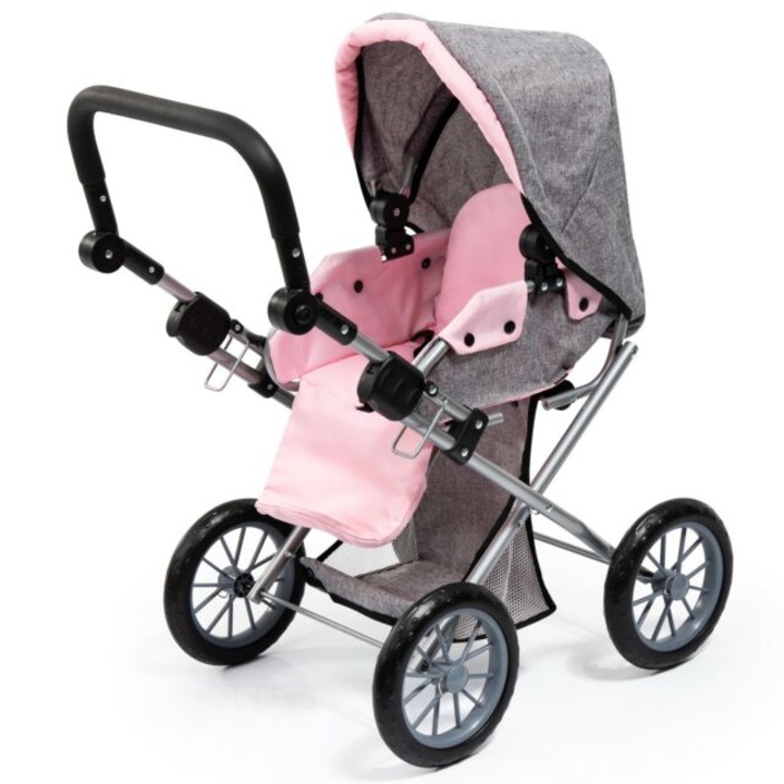 Carucior 2in1 pentru papusi Bayer City Star Gri/Roz cu maner reglabil pana la 65cm, portbebe si gentuta de umar, cadru metalic pliabil compact, potrivit pentru papusi pana la 46 cm, dimensiune 72,5x37x65 cm