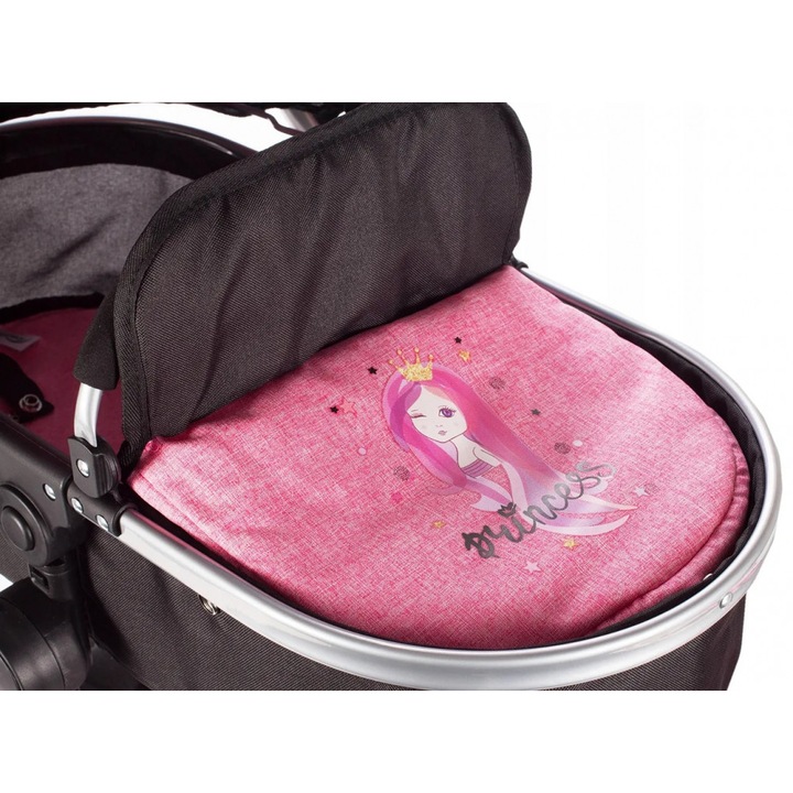 Carucior pentru papusi Malplay 2 in 1, pliabil, cu spatar si capotina reglabile, cadru metalic, roti din cauciuc EVA pivotante, Princess Pink/Black