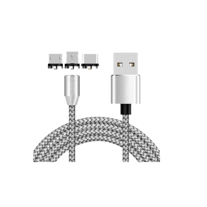 Магнитен кабел 3 в 1, Lightning / Micro-USB / USB-C, За зареждане и трансфер на данни, Текстил, 1 м, Сив