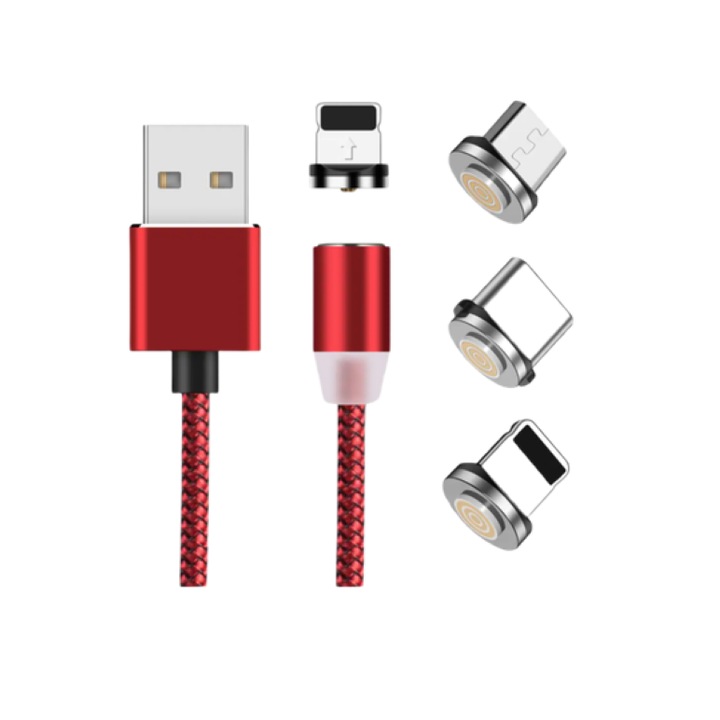 Магнитен кабел Lightning 3 в 1, Micro-USB и USB-C, зареждане и трансфер, 360˚ магнит, текстил, 1 м, червен