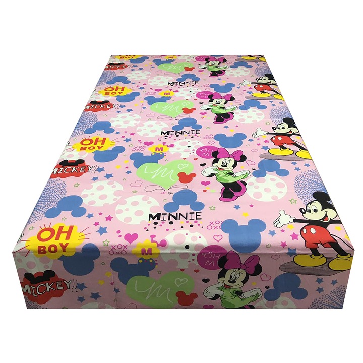 Cearceaf ranforce roz, pentru copii 140x240cm pentru pat single, pentru saltea de 90 cm, "Basm cu Mickey si Minnie" din bumbac ranforce, by Liz Line - CR140229