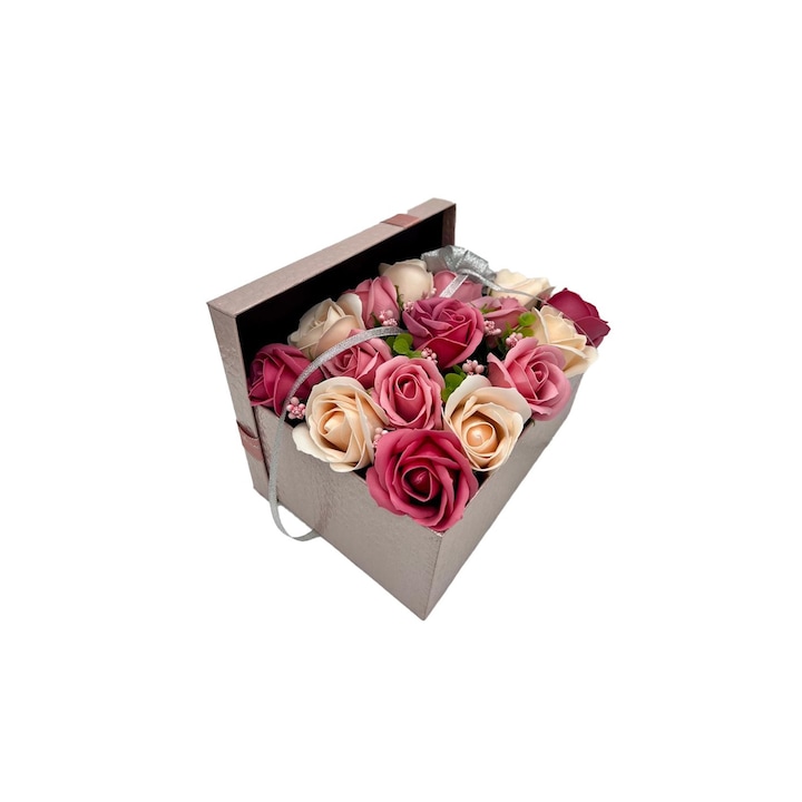 Aranjament MIRA - 17 Trandafiri de sapun, Nuante de roz si piersic, Cutie roz, Lacuita, 25-30cm