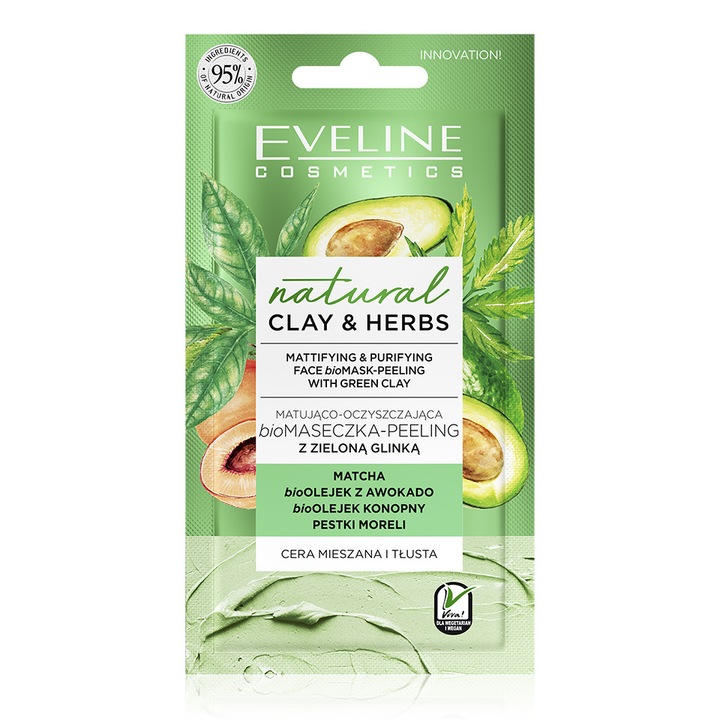 Mаска за лице, Еveline Natural clay & herbs, Био пилинг със зелена глина, Mатираща и почистваща, 8 мл