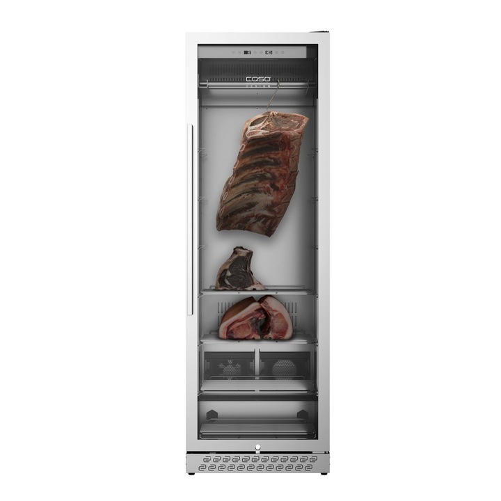 Хладилник за стареене на месо Caso Germany, DryAged Master 380 Pro, H 186 см, температура 2-14°C, влажност 50-85%, 7 рафта, 6 куки, антибактериална светлина, модел 2022, неръждаема стомана