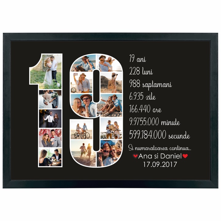Tablou premium, personalizat cu poze si text, din lemn natural, Priti Global, cadou aniversare relatie sau casatorie, 19 ani, Negru, A3, 30 x 42 cm