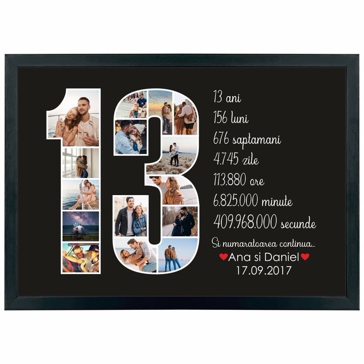 Tablou premium, personalizat cu poze si text, din lemn natural, Priti Global, cadou aniversare relatie sau casatorie, 13 ani, Negru, A3, 30 x 42 cm