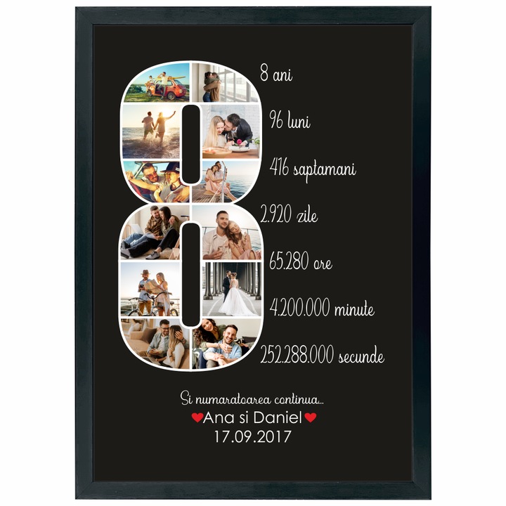Tablou premium, personalizat cu poze si text, din lemn natural, Priti Global, cadou aniversare relatie sau casatorie, 8 ani, Negru, A3, 30 x 42 cm
