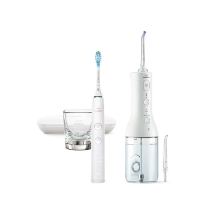 Комплект Зъбен душ и Ел. четката за зъби Philips Sonicare DiamondClean 9000, HX3866/41, Интегриран сензор за налягане, 4 режима на почистване, 3 интензитета, 2 режима на междузъбно почистване, Технология Quad Stream, Бял