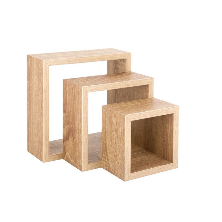 Set rafturi de perete din lemn de stejar Lumi LUXURY, 3 buc, 23 x 9 x 23 cm, 18 x 9 x 18 cm si 12,7 x 9 x 12,7 cm