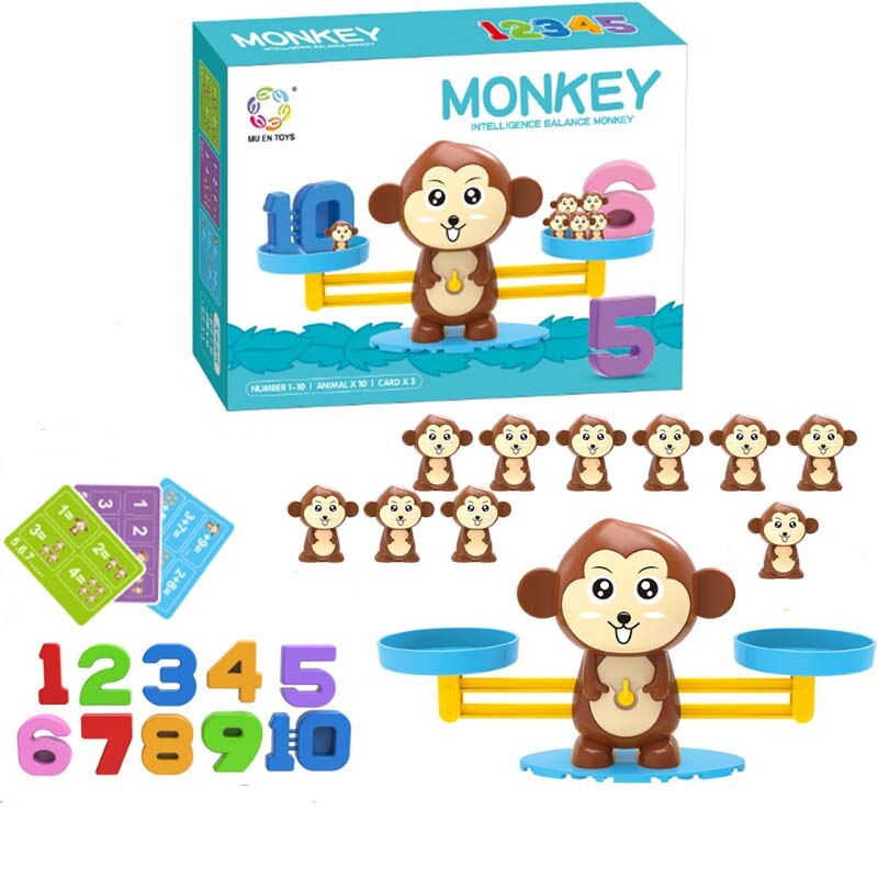 Balance Giocattolo Matematico Monkey - Gioco Da Tavolo Con Bilancia E Carte Per Bambini, Set Educativo Per Imparare A Contare E Il Peso, Marrone