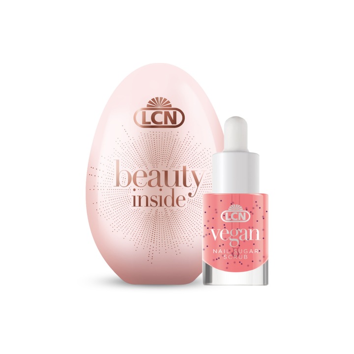 Exfoliant vegan pentru unghii si cuticule cu zahar si uleiuri naturale 8 ml, intr-un recipient cosmetic din aluminiu sub forma de ou, LCN Cosmetics®