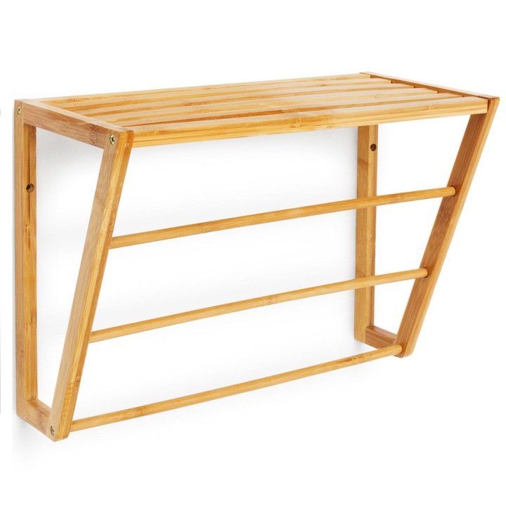 Suport pentru prosoape, de perete, din lemn bambus, cu raft, dimensiune 42 x 30 x 20 cm