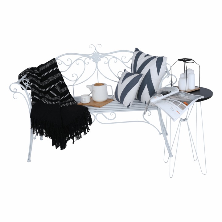 Banca de gradina/terasa, interior, alb, metal, design romantic, 131x48x86 cm