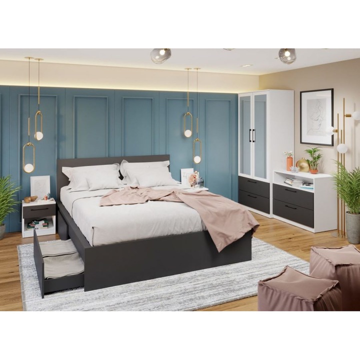 Set Dormitor Benjamin, C04, Pat netapitat 160x200, Dulap cu Oglinda, Comoda, Noptiere, Culoare Gri/Alb