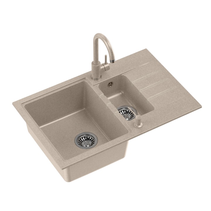 Set chiuveta de bucatarie, MyQ, 780 x 500 mm, 2 cuve, Cu Sifon Clasic, Baterie Bucatarie, Dozator sapun, Bej