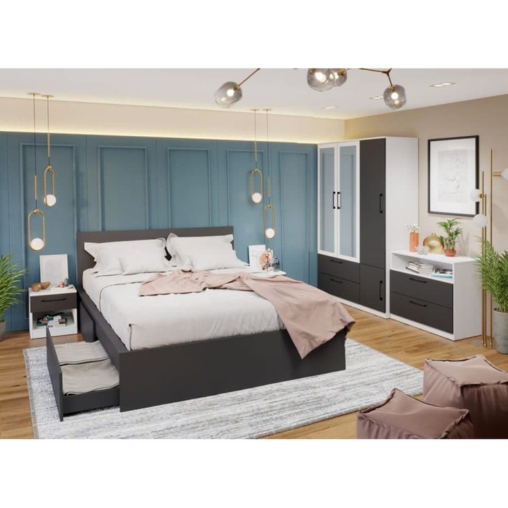 Set Dormitor Benjamin, C09, Pat netapitat 160x200, Dulap 124cm cu Oglinda, Comoda, Noptiere, Culoare Gri/alb