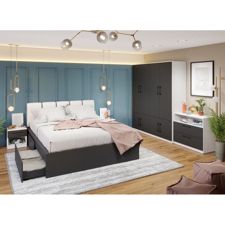 Set Dormitor Benjamin, C12, Pat tapitat 160x200, Dulap 164cm, Comoda, Noptiere, Culoare Gri/Alb