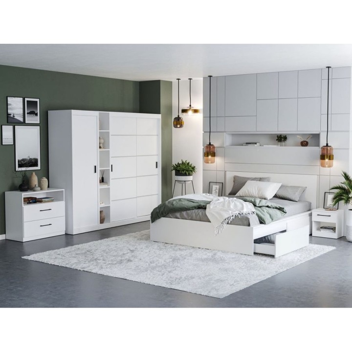 Set Dormitor Nordis, c/21, Pat netapitat, 160x200, Dulap 210,4cm, Comoda, Noptiere, Culoare Alb