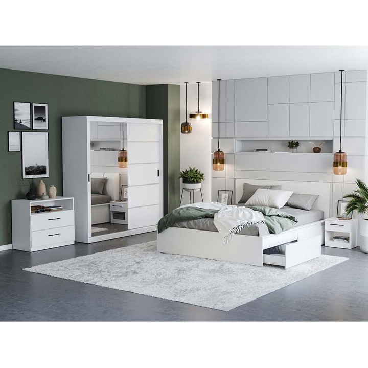 Dormitor Nordis, c/10, Pat netapitat, 160x200, Dulap 184cm cu Oglinda, Comoda, Noptiere, Culoare Alb