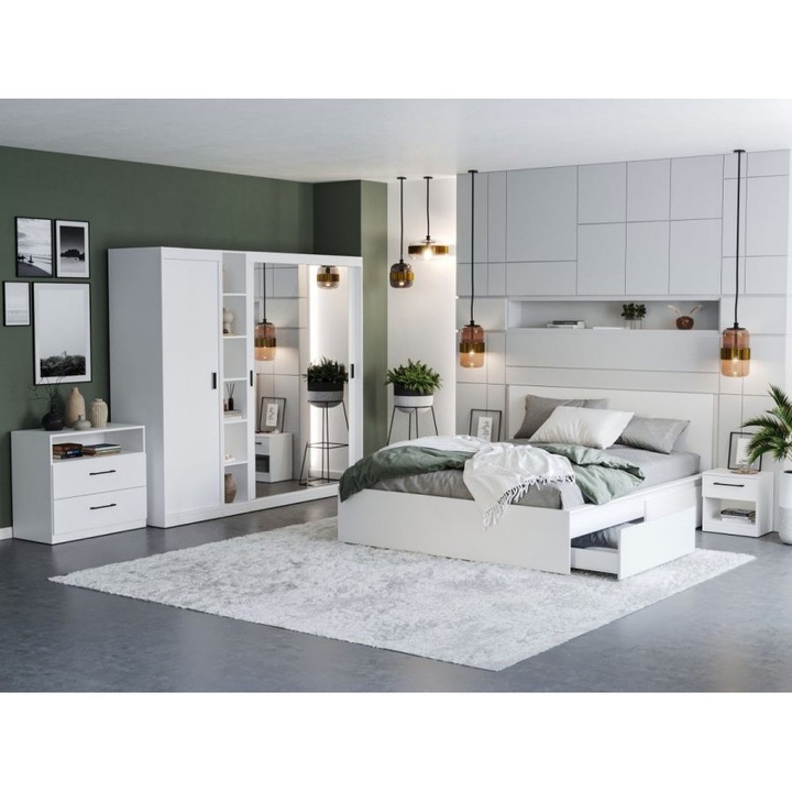 Set Dormitor Nordis, c/23, Pat netapitat, 160x200, Dulap 210.4cm cu Oglinda, Comoda, Noptiere, Culoare Alb